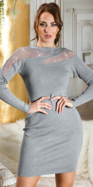 Knit Dress with Net Cut-Outs & Glitter Gray